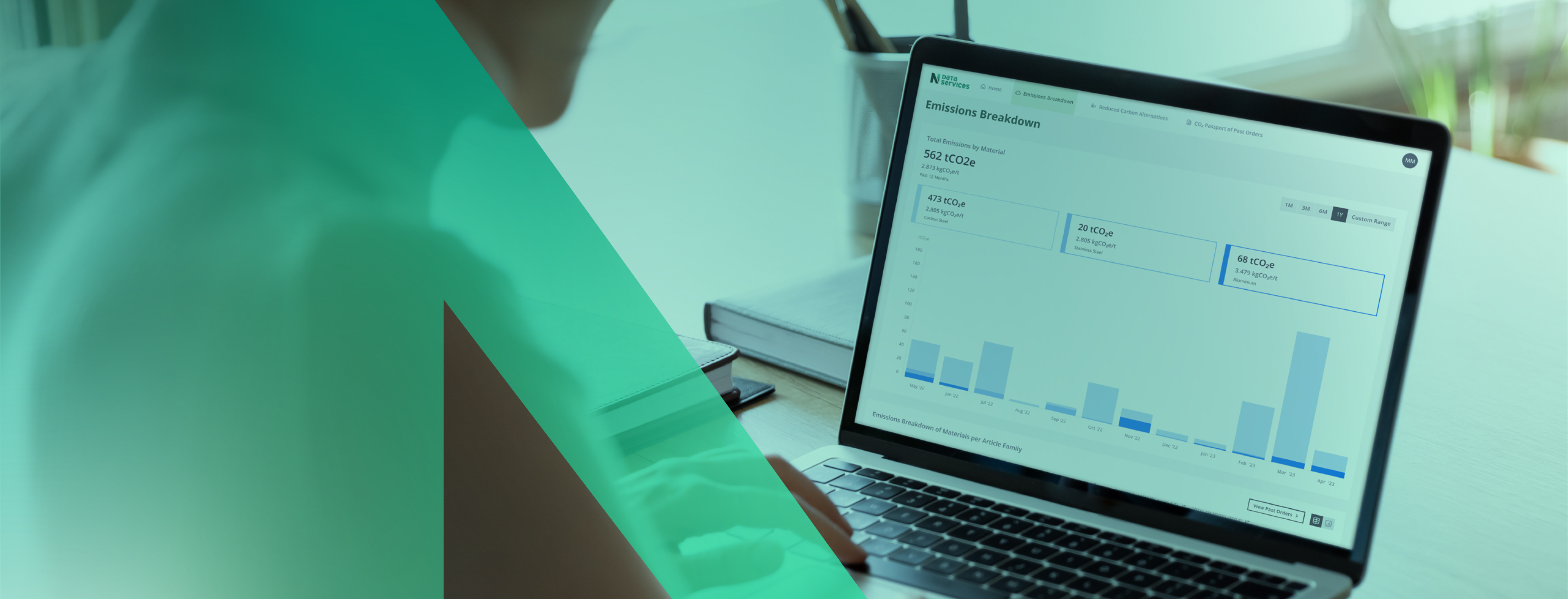 Eine Person sitzt vor einem Laptop, auf dem das Dashboard von Nexigen Data Services angezeigt wird.